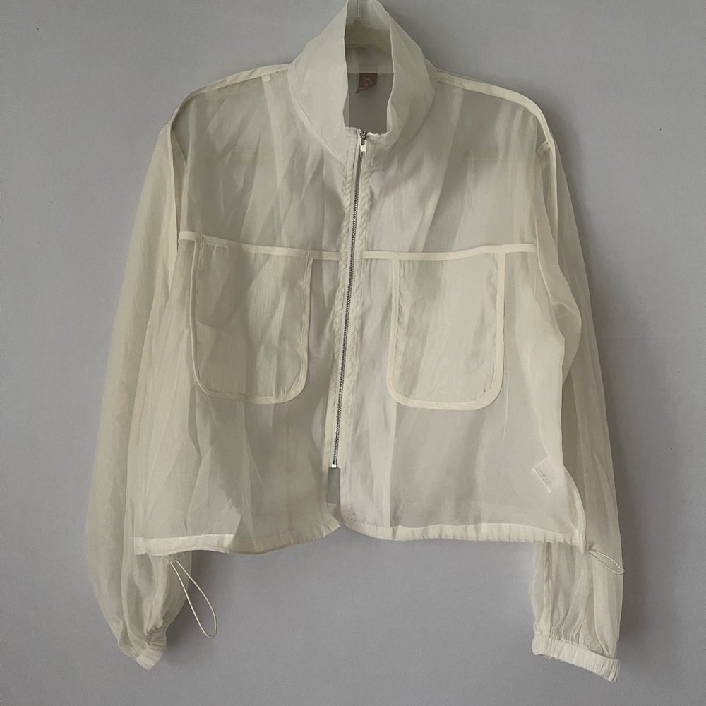 Sheer off white Funnel Neck Zip Up Jacket Modern Fashion xl